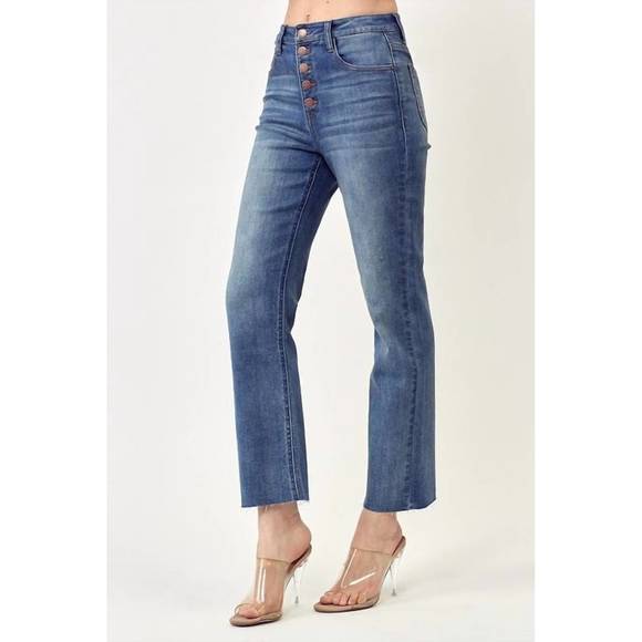 RISEN high rise button fly straight leg jean in medium wash - Picture 2 of 8